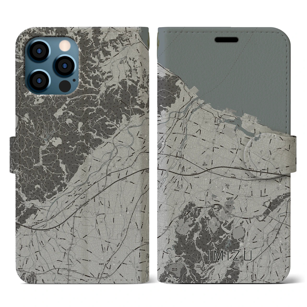 【射水(富山県)】地図柄iPhoneケース(手帳タイプ)モノトーン・iPhone 12 / 12 Pro 用