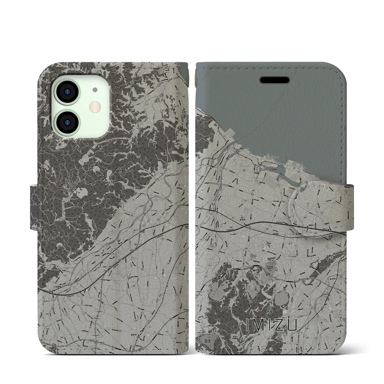 【射水(富山県)】地図柄iPhoneケース(手帳タイプ)モノトーン・iPhone 12 mini 用