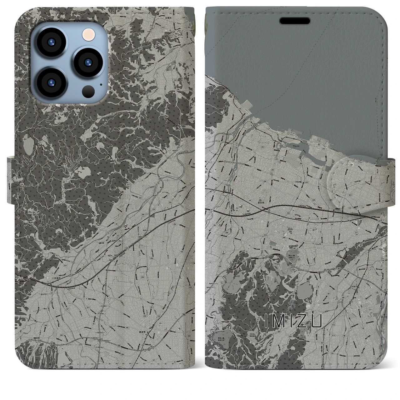 【射水(富山県)】地図柄iPhoneケース(手帳タイプ)モノトーン・iPhone 13 Pro Max 用