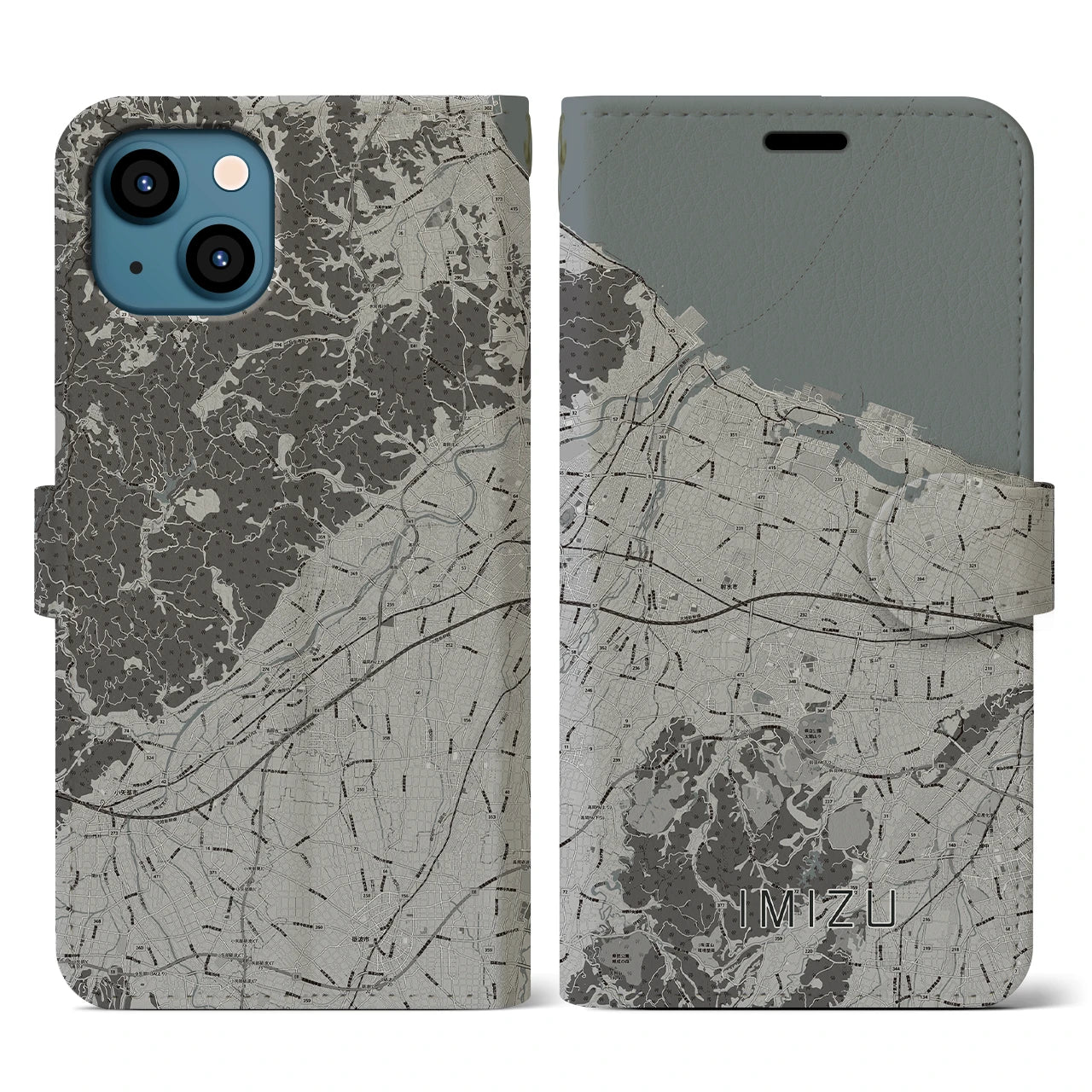 【射水(富山県)】地図柄iPhoneケース(手帳タイプ)モノトーン・iPhone 13 用