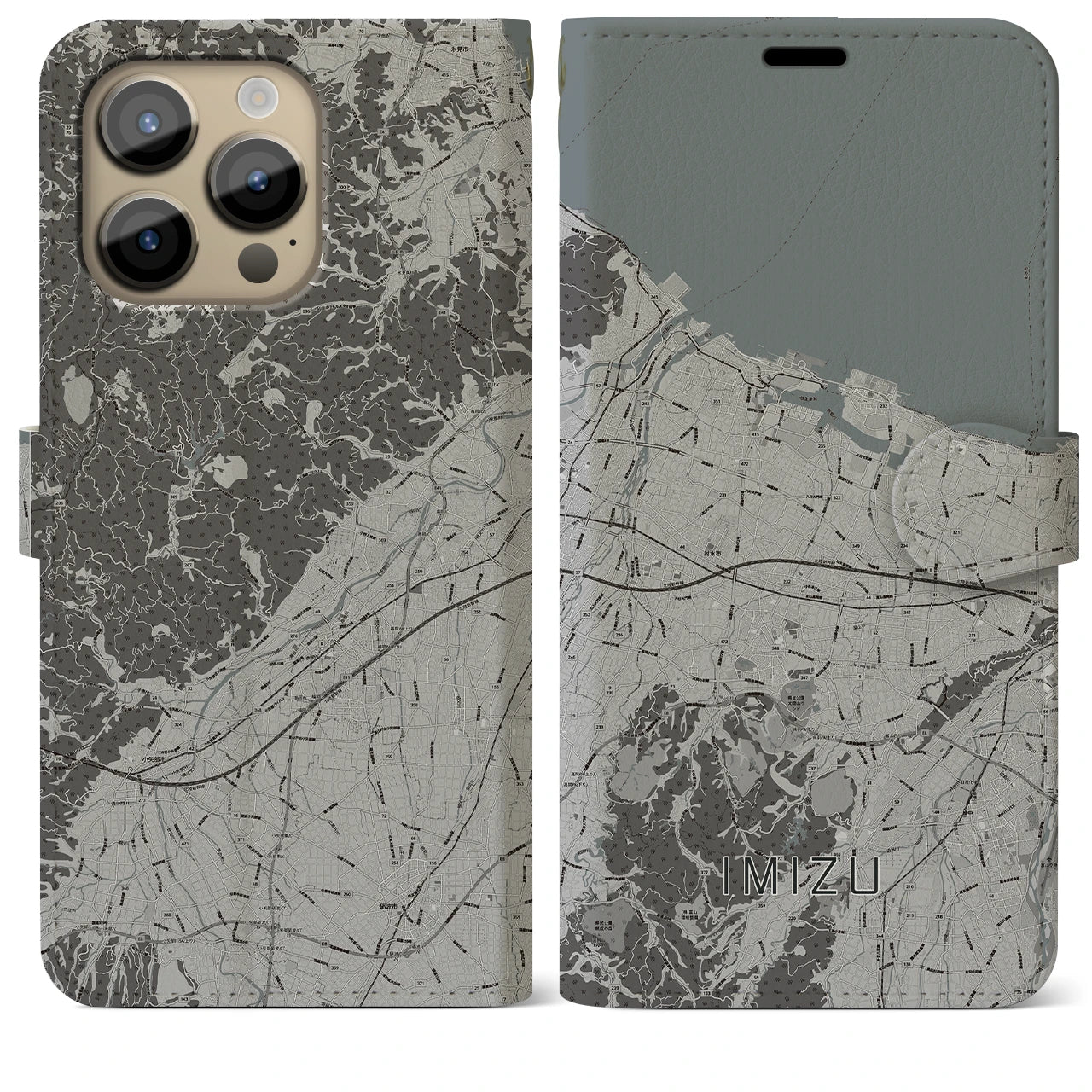 【射水(富山県)】地図柄iPhoneケース(手帳タイプ)モノトーン・iPhone 14 Pro Max 用