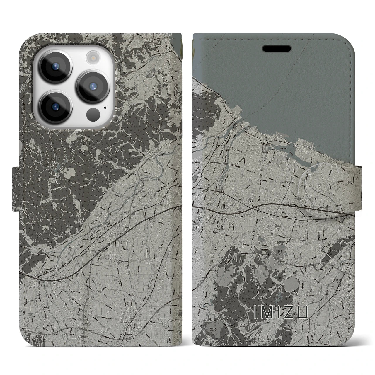 【射水(富山県)】地図柄iPhoneケース(手帳タイプ)モノトーン・iPhone 14 Pro 用