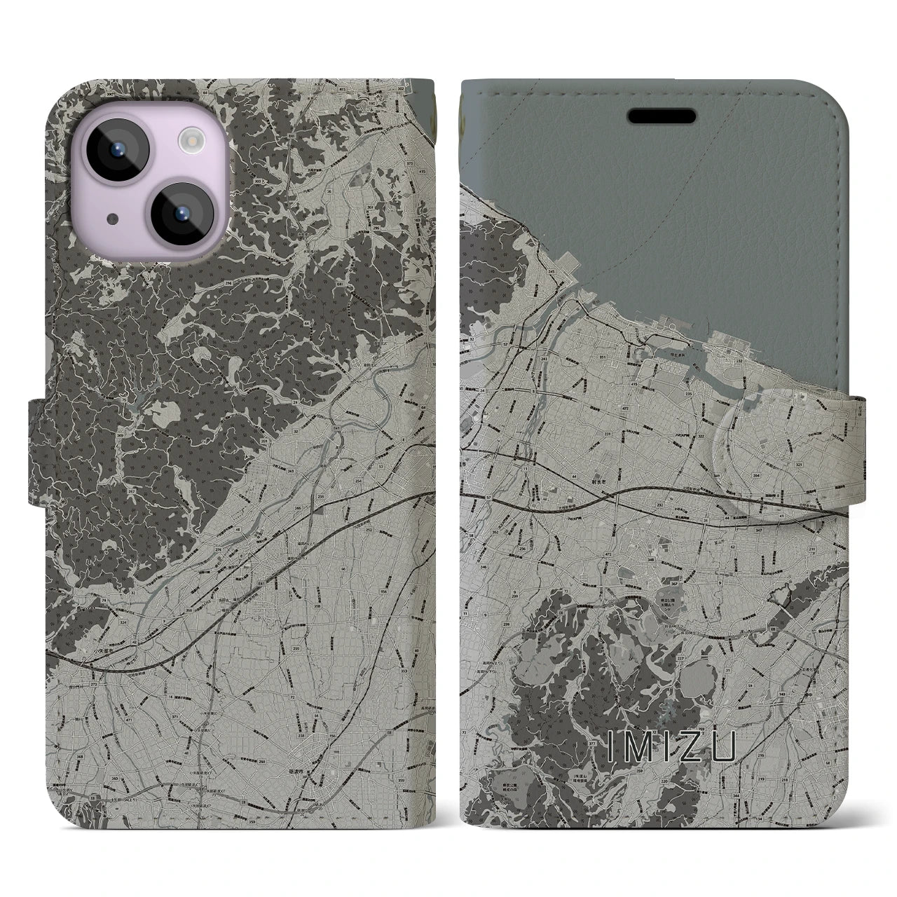 【射水(富山県)】地図柄iPhoneケース(手帳タイプ)モノトーン・iPhone 14 用
