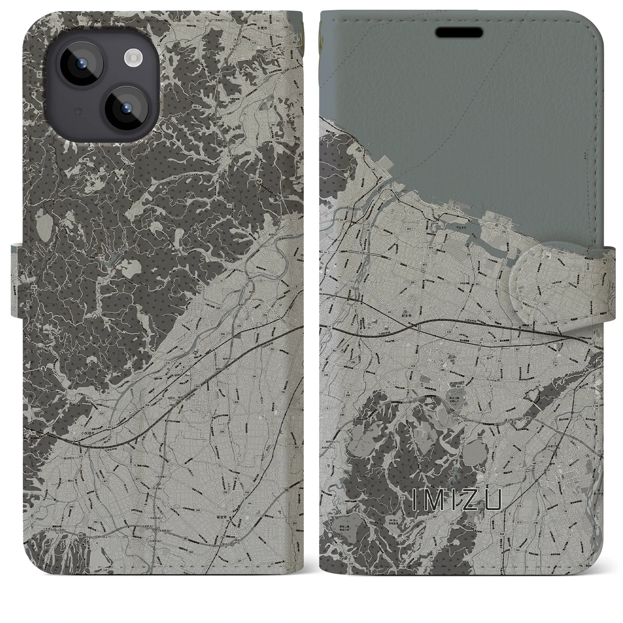【射水(富山県)】地図柄iPhoneケース(手帳タイプ)モノトーン・iPhone 14 Plus 用