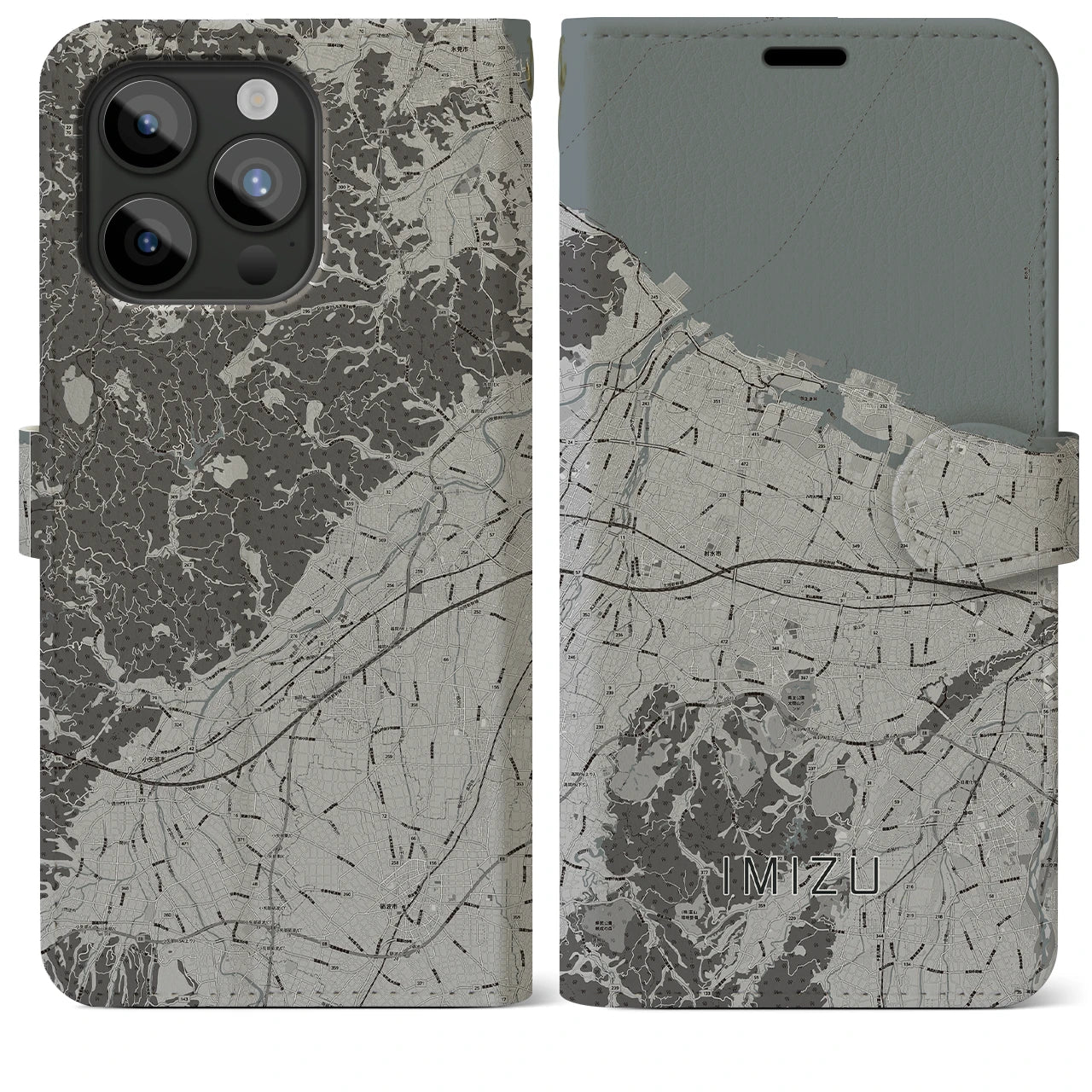 【射水(富山県)】地図柄iPhoneケース(手帳タイプ)モノトーン・iPhone 15 Pro Max 用