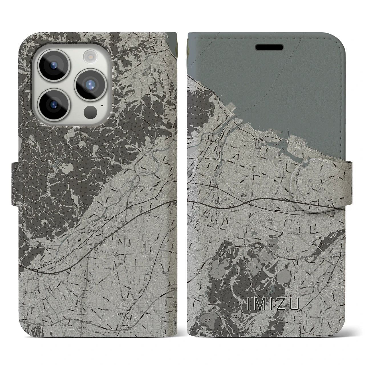 【射水(富山県)】地図柄iPhoneケース(手帳タイプ)モノトーン・iPhone 15 Pro 用