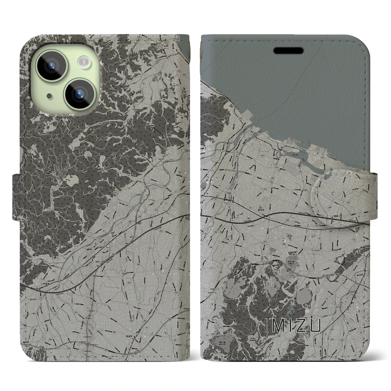 【射水(富山県)】地図柄iPhoneケース(手帳タイプ)モノトーン・iPhone 15 用