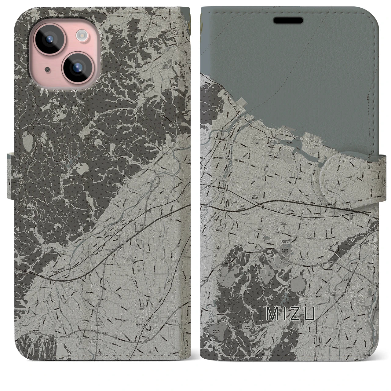 【射水(富山県)】地図柄iPhoneケース(手帳タイプ)モノトーン・iPhone 15 Plus 用