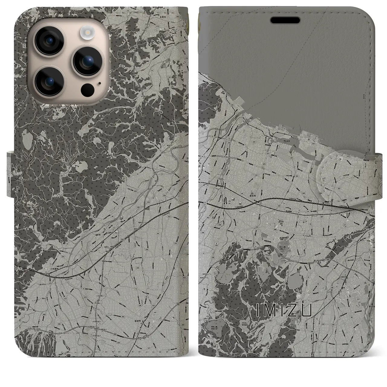 【射水(富山県)】地図柄iPhoneケース(手帳タイプ)モノトーン・iPhone 16 Plus 用