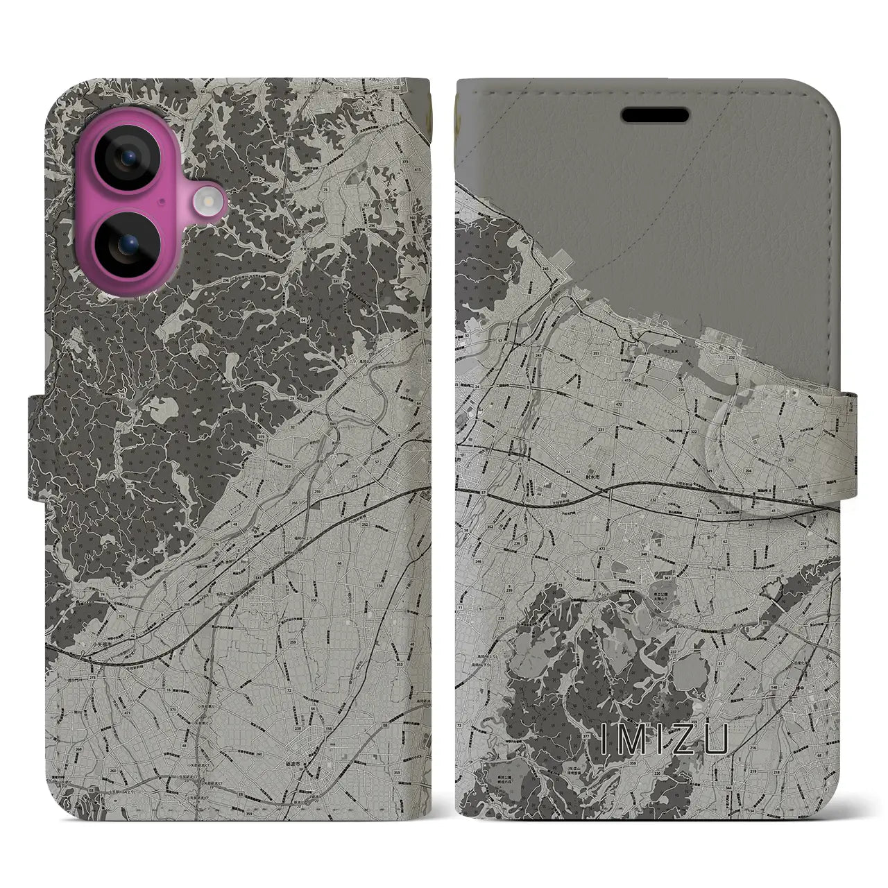 【射水(富山県)】地図柄iPhoneケース(手帳タイプ)モノトーン・iPhone 16 Pro 用