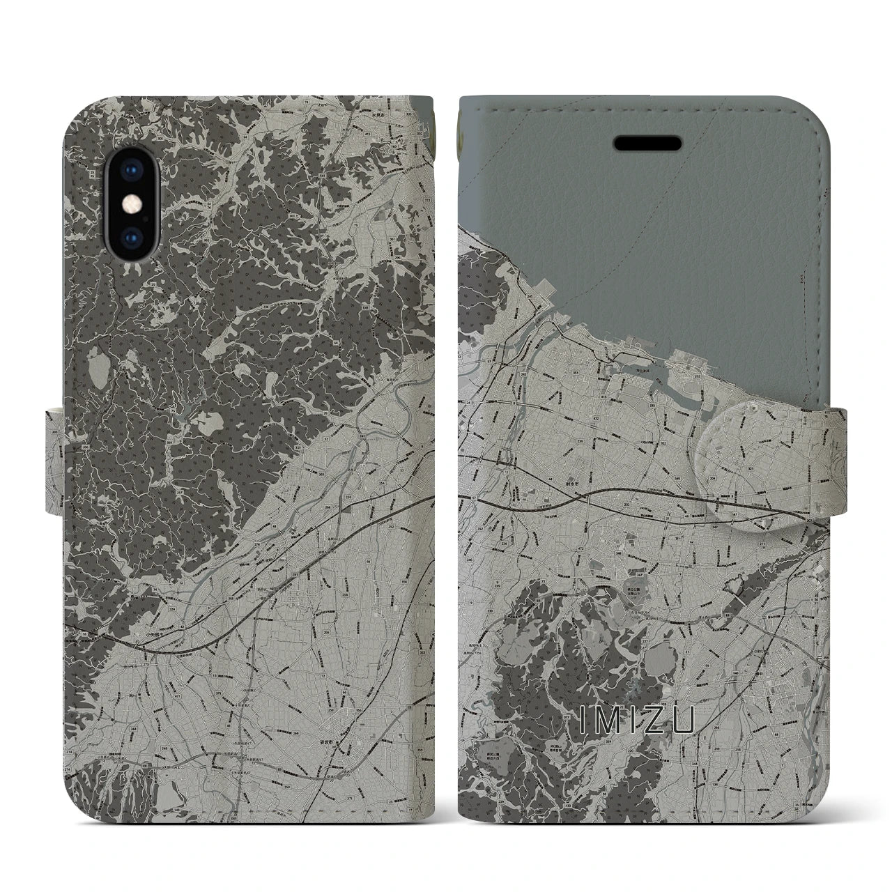 【射水(富山県)】地図柄iPhoneケース(手帳タイプ)モノトーン・iPhone XS / X 用