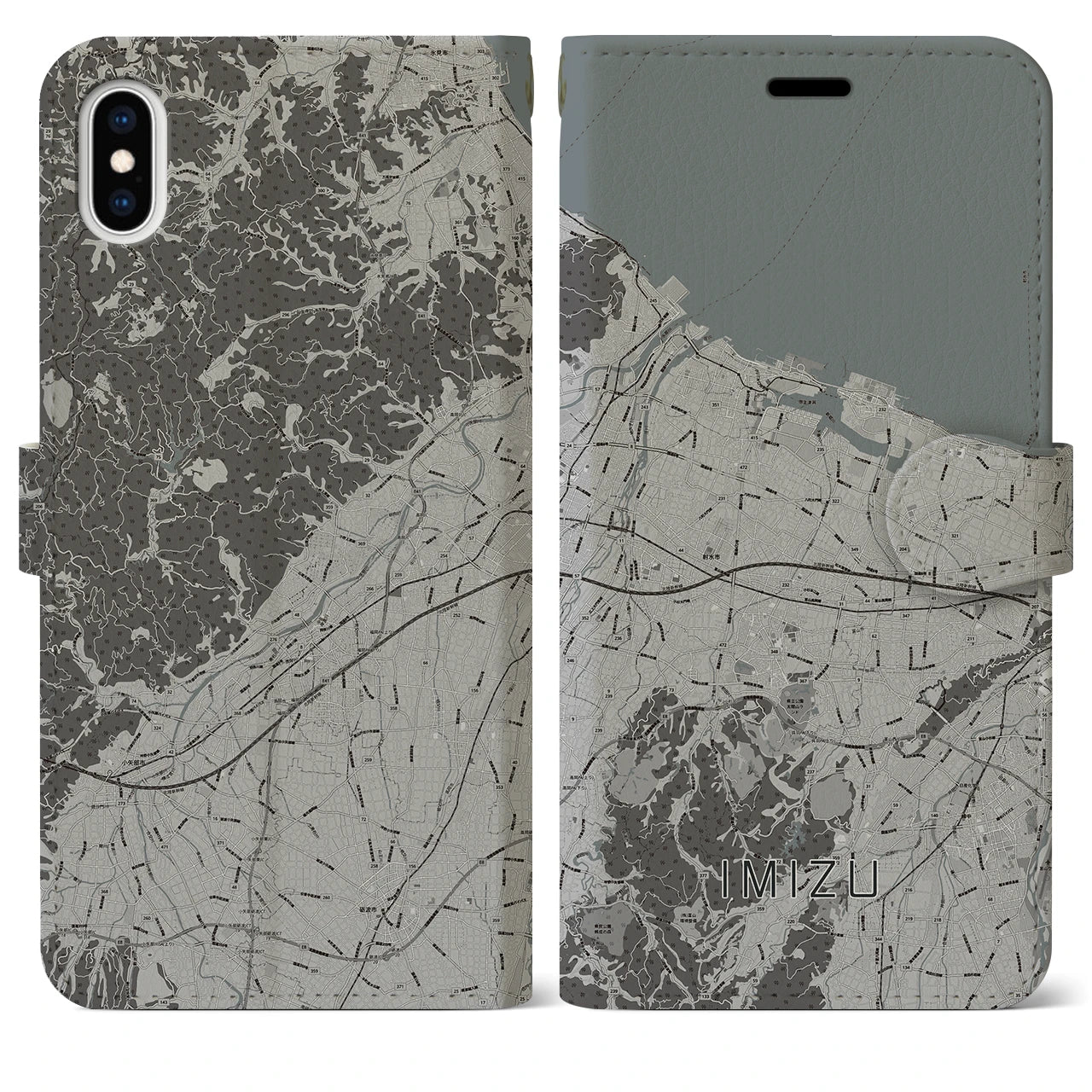 【射水(富山県)】地図柄iPhoneケース(手帳タイプ)モノトーン・iPhone XS Max 用
