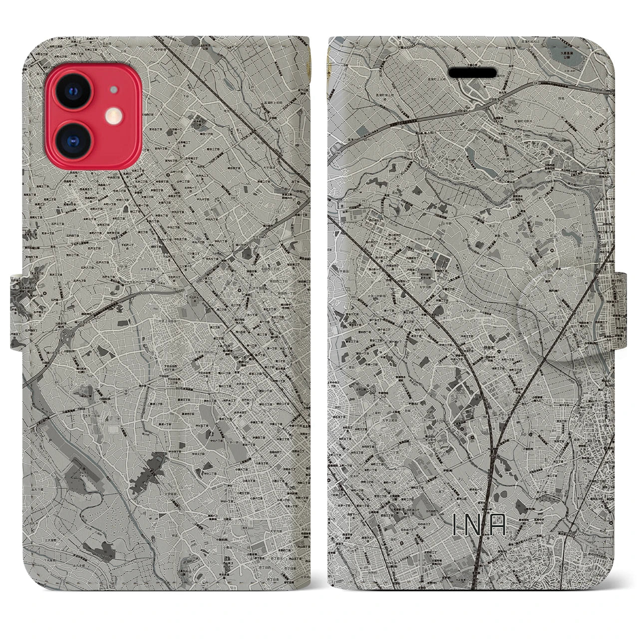 【伊奈(埼玉県)】地図柄iPhoneケース(手帳タイプ)モノトーン・iPhone 11 用