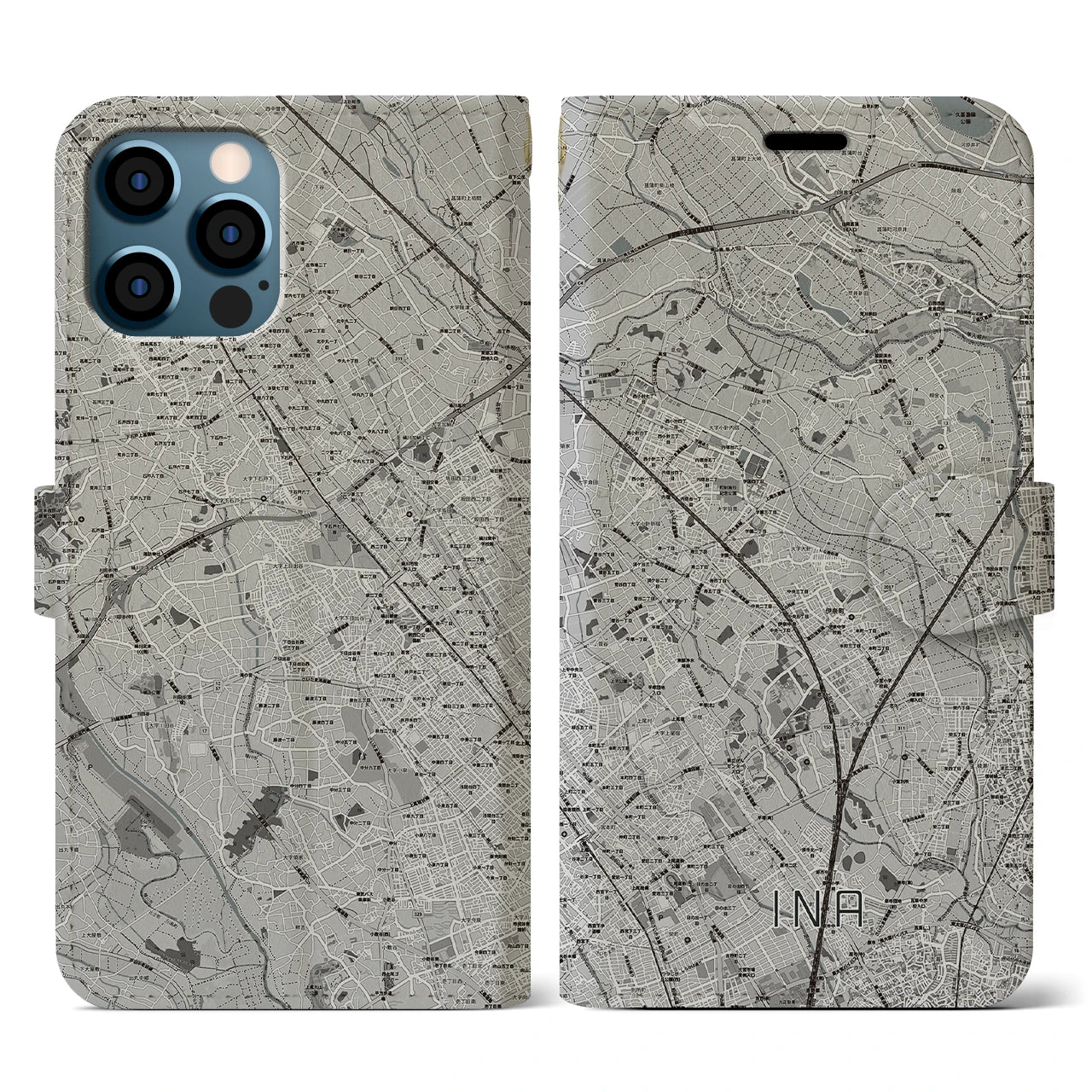 【伊奈(埼玉県)】地図柄iPhoneケース(手帳タイプ)モノトーン・iPhone 12 / 12 Pro 用