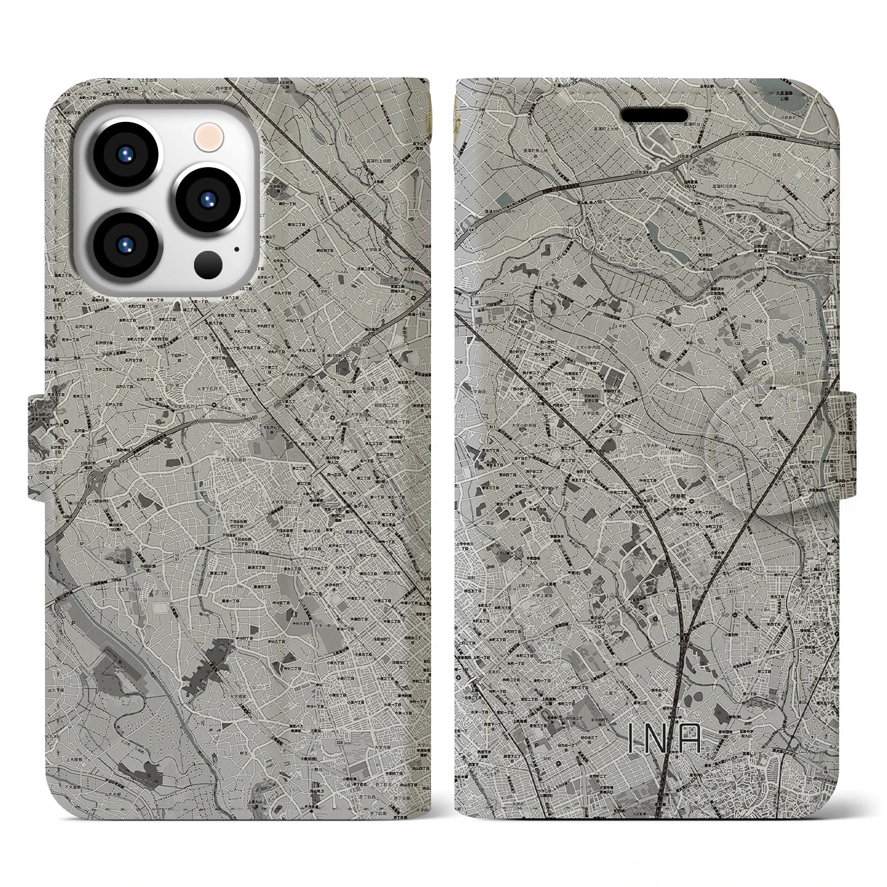 【伊奈(埼玉県)】地図柄iPhoneケース(手帳タイプ)モノトーン・iPhone 13 Pro 用