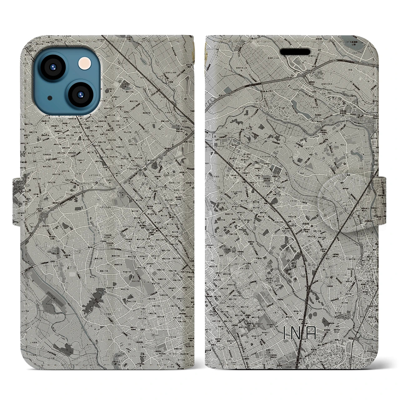 【伊奈(埼玉県)】地図柄iPhoneケース(手帳タイプ)モノトーン・iPhone 13 用