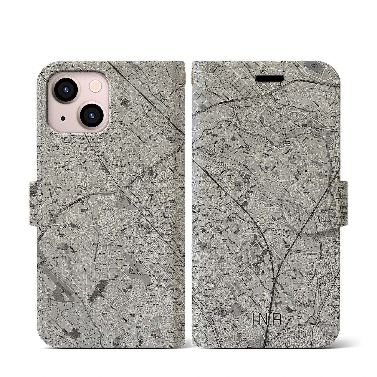 【伊奈(埼玉県)】地図柄iPhoneケース(手帳タイプ)モノトーン・iPhone 13 mini 用