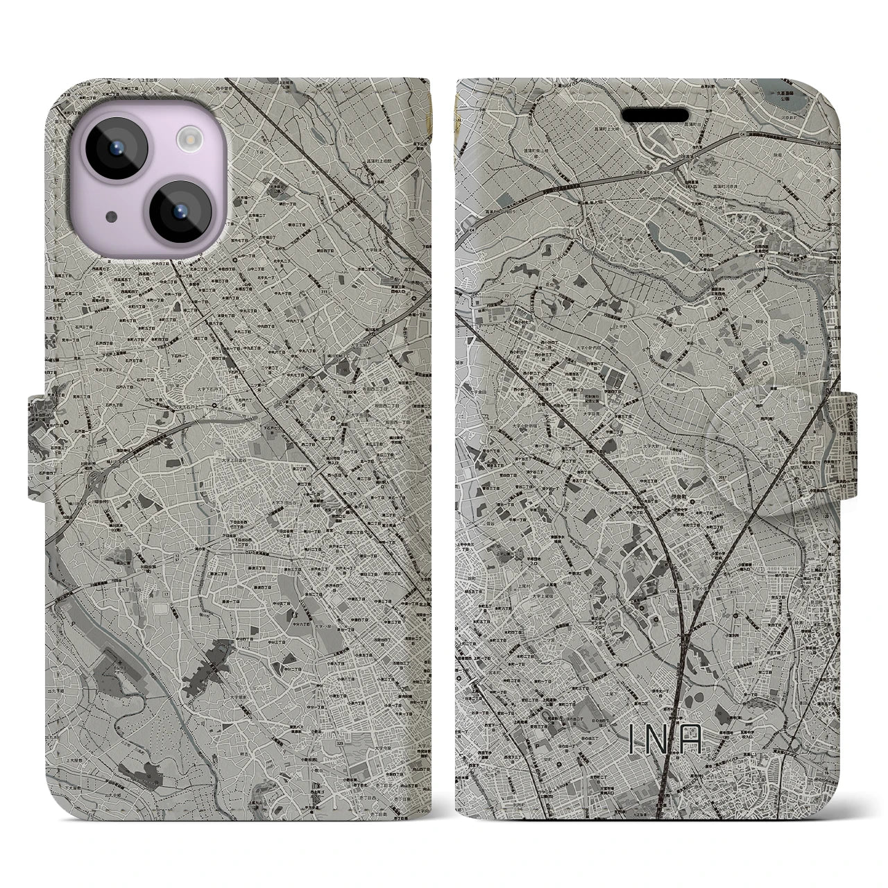 【伊奈(埼玉県)】地図柄iPhoneケース(手帳タイプ)モノトーン・iPhone 14 用