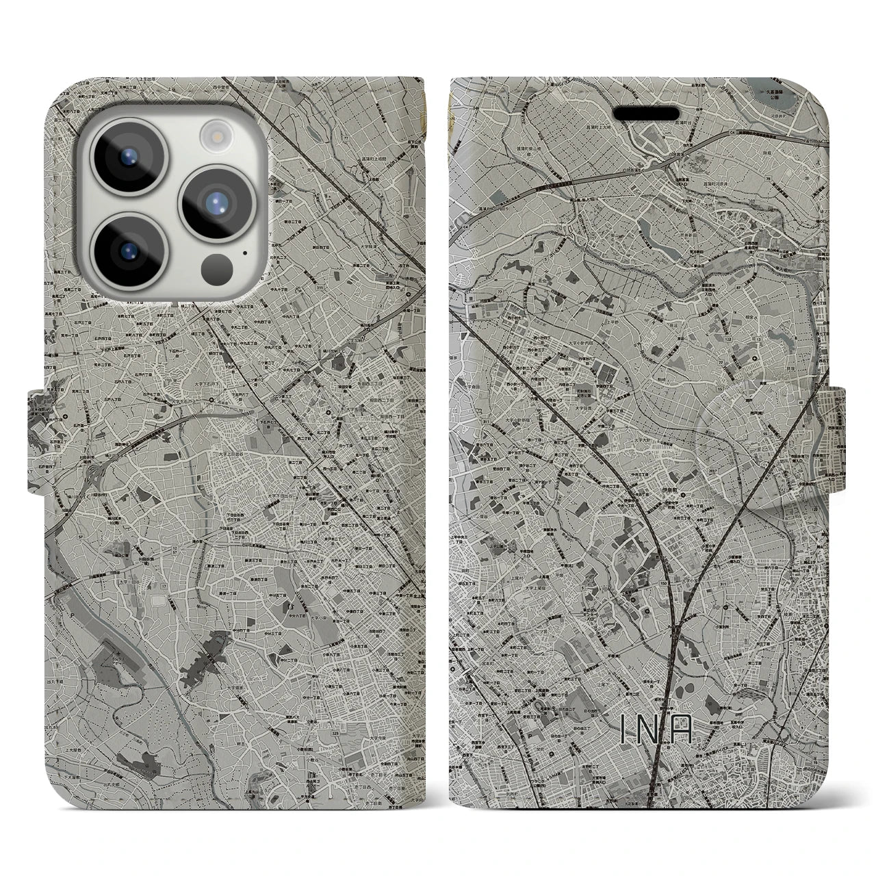 【伊奈(埼玉県)】地図柄iPhoneケース(手帳タイプ)モノトーン・iPhone 15 Pro 用