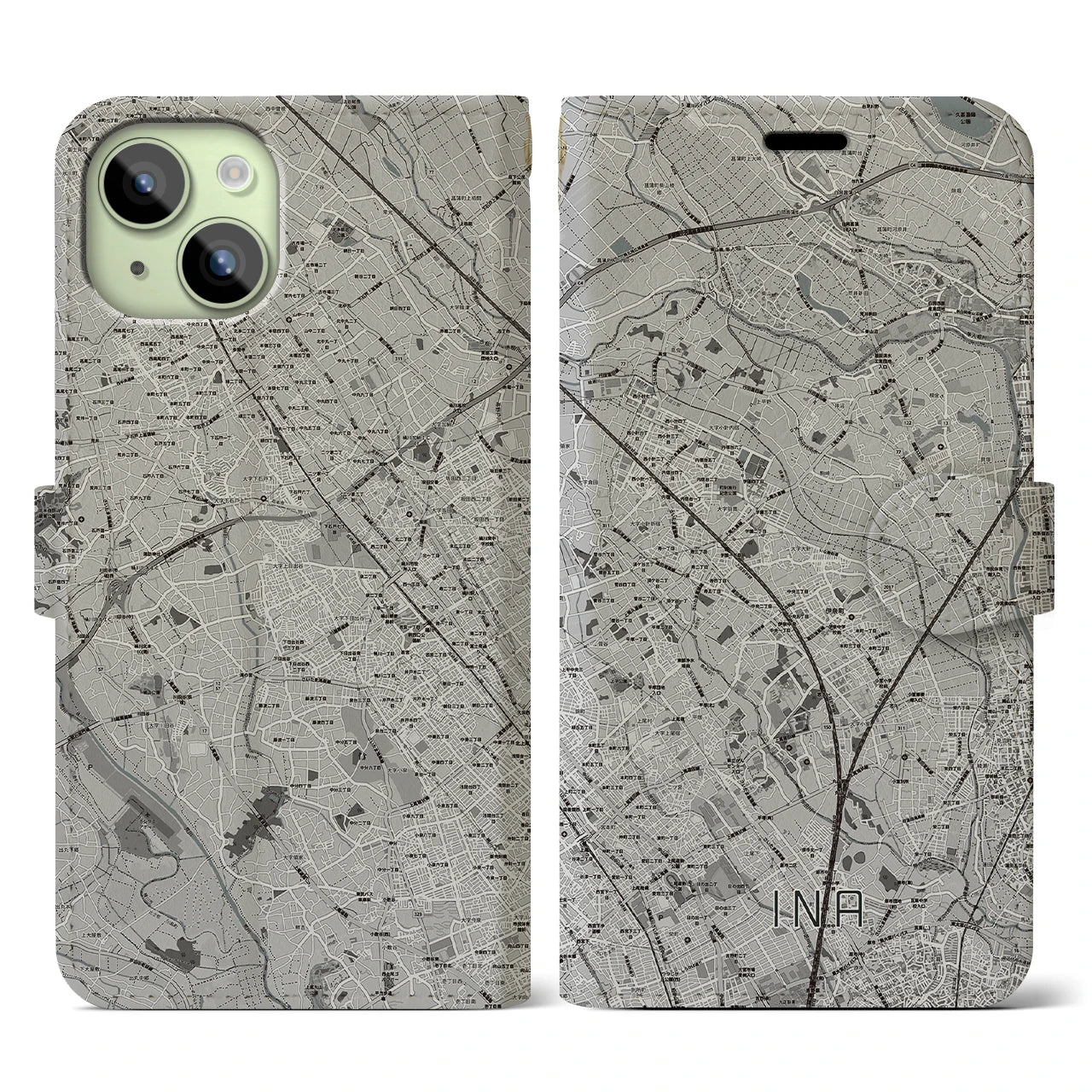 【伊奈(埼玉県)】地図柄iPhoneケース(手帳タイプ)モノトーン・iPhone 15 用