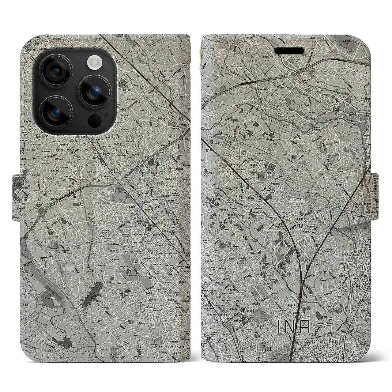 【伊奈(埼玉県)】地図柄iPhoneケース(手帳タイプ)モノトーン・iPhone 16 用