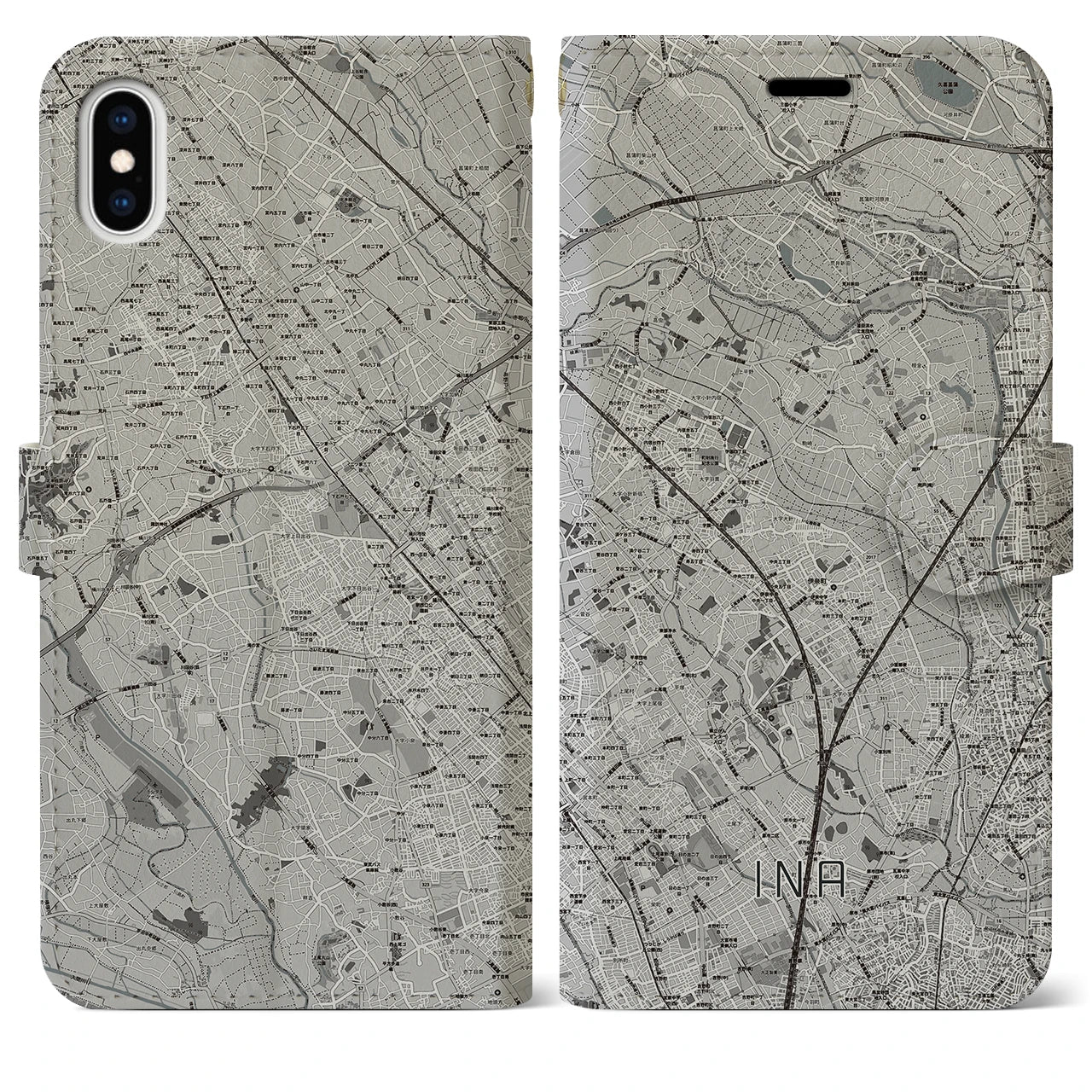 【伊奈(埼玉県)】地図柄iPhoneケース(手帳タイプ)モノトーン・iPhone XS Max 用
