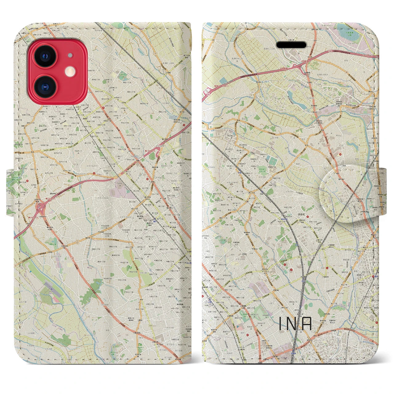【伊奈(埼玉県)】地図柄iPhoneケース(手帳タイプ)ナチュラル・iPhone 11 用