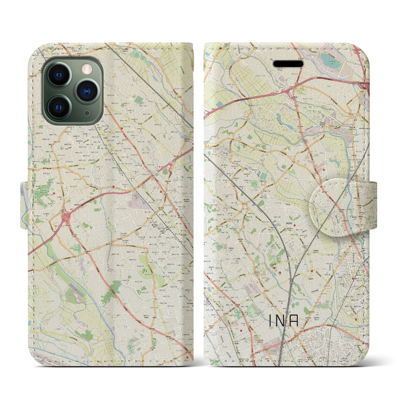 【伊奈(埼玉県)】地図柄iPhoneケース(手帳タイプ)ナチュラル・iPhone 11 Pro 用