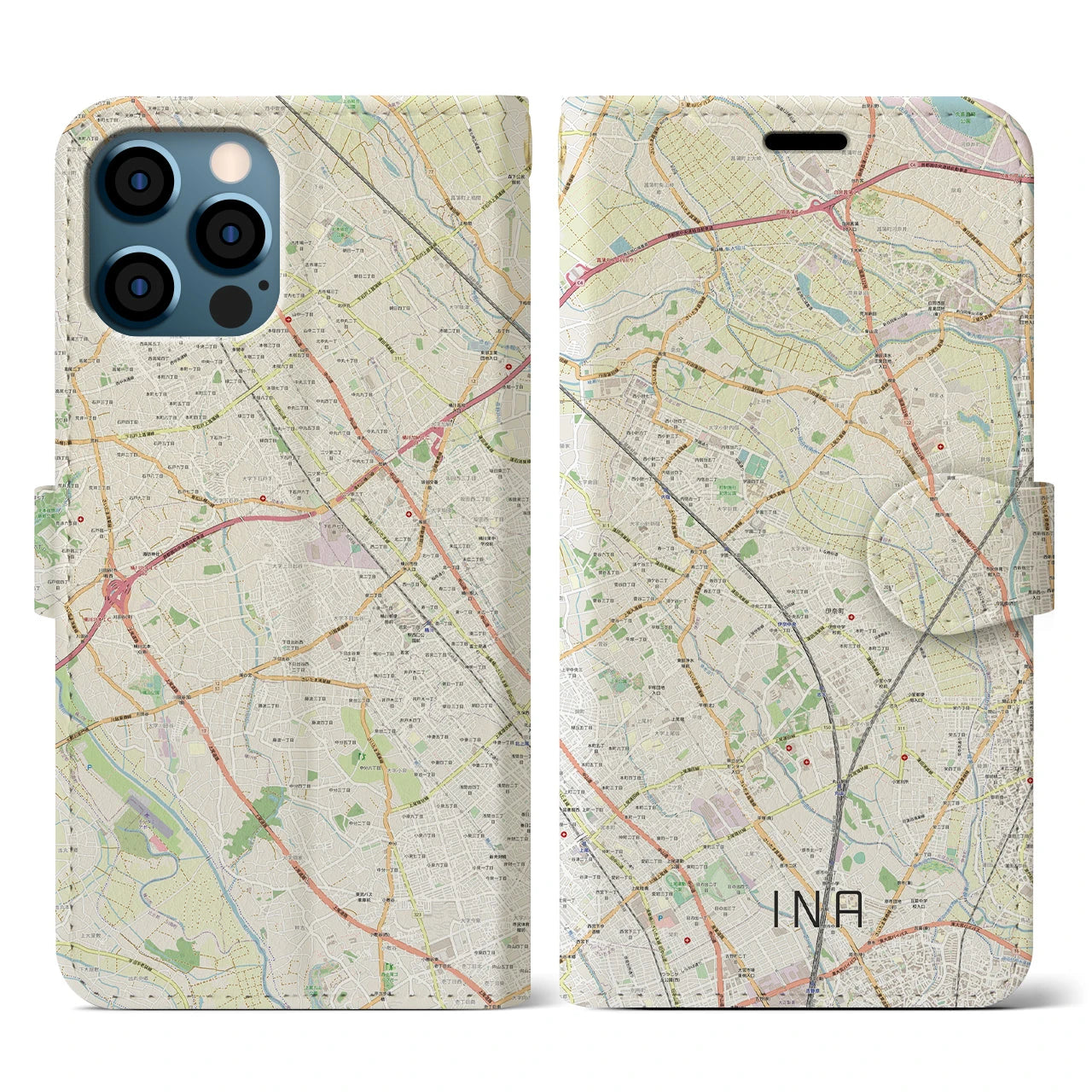 【伊奈(埼玉県)】地図柄iPhoneケース(手帳タイプ)ナチュラル・iPhone 12 / 12 Pro 用