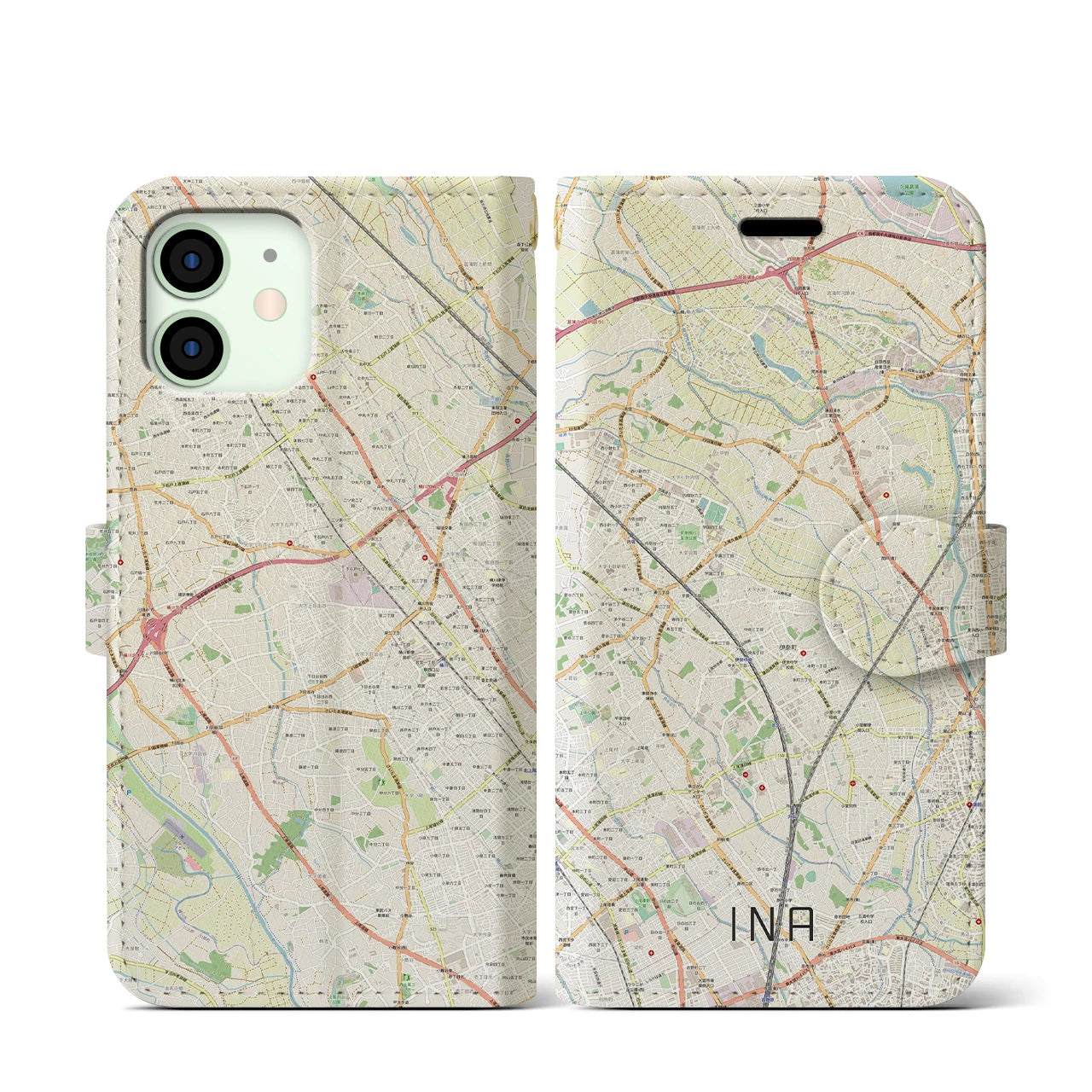 【伊奈(埼玉県)】地図柄iPhoneケース(手帳タイプ)ナチュラル・iPhone 12 mini 用