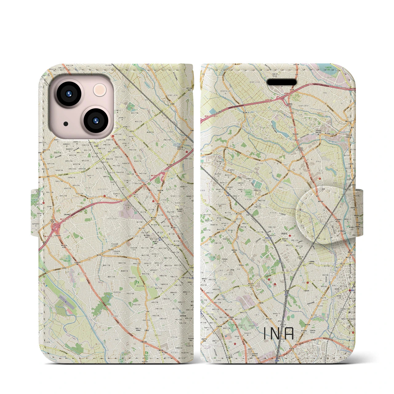 【伊奈(埼玉県)】地図柄iPhoneケース(手帳タイプ)ナチュラル・iPhone 13 mini 用