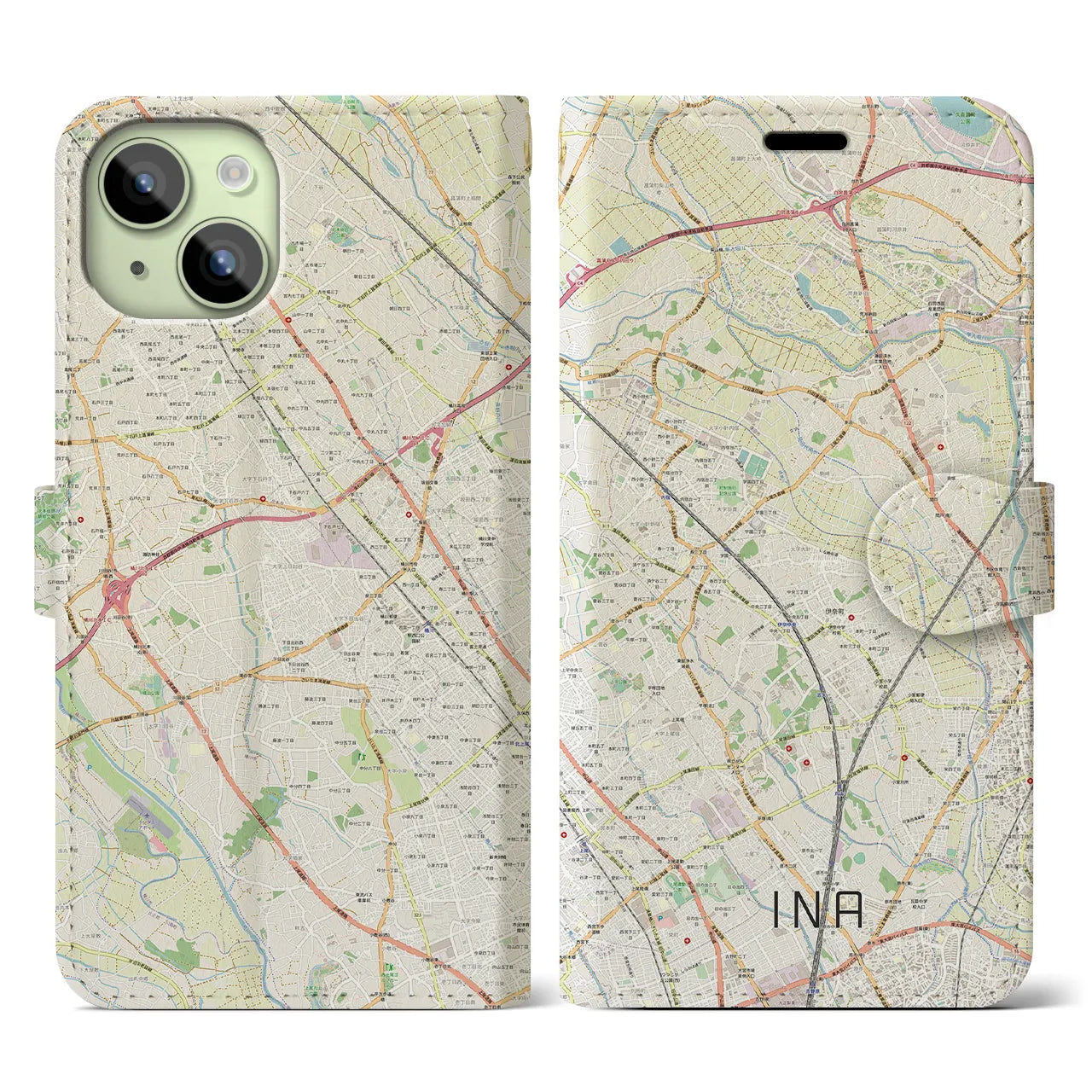 【伊奈(埼玉県)】地図柄iPhoneケース(手帳タイプ)ナチュラル・iPhone 15 用