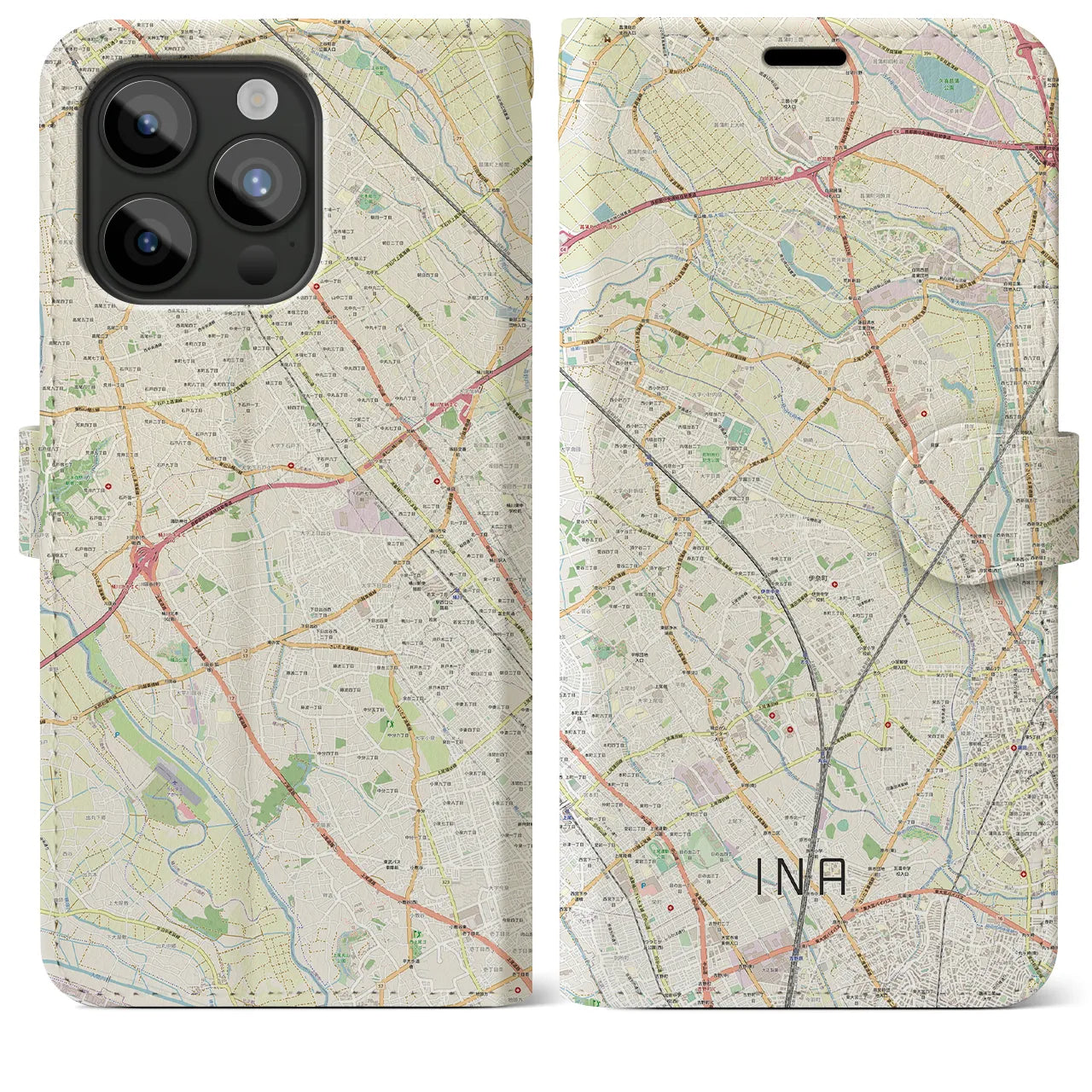 【伊奈(埼玉県)】地図柄iPhoneケース(手帳タイプ)ナチュラル・iPhone 15 Pro Max 用