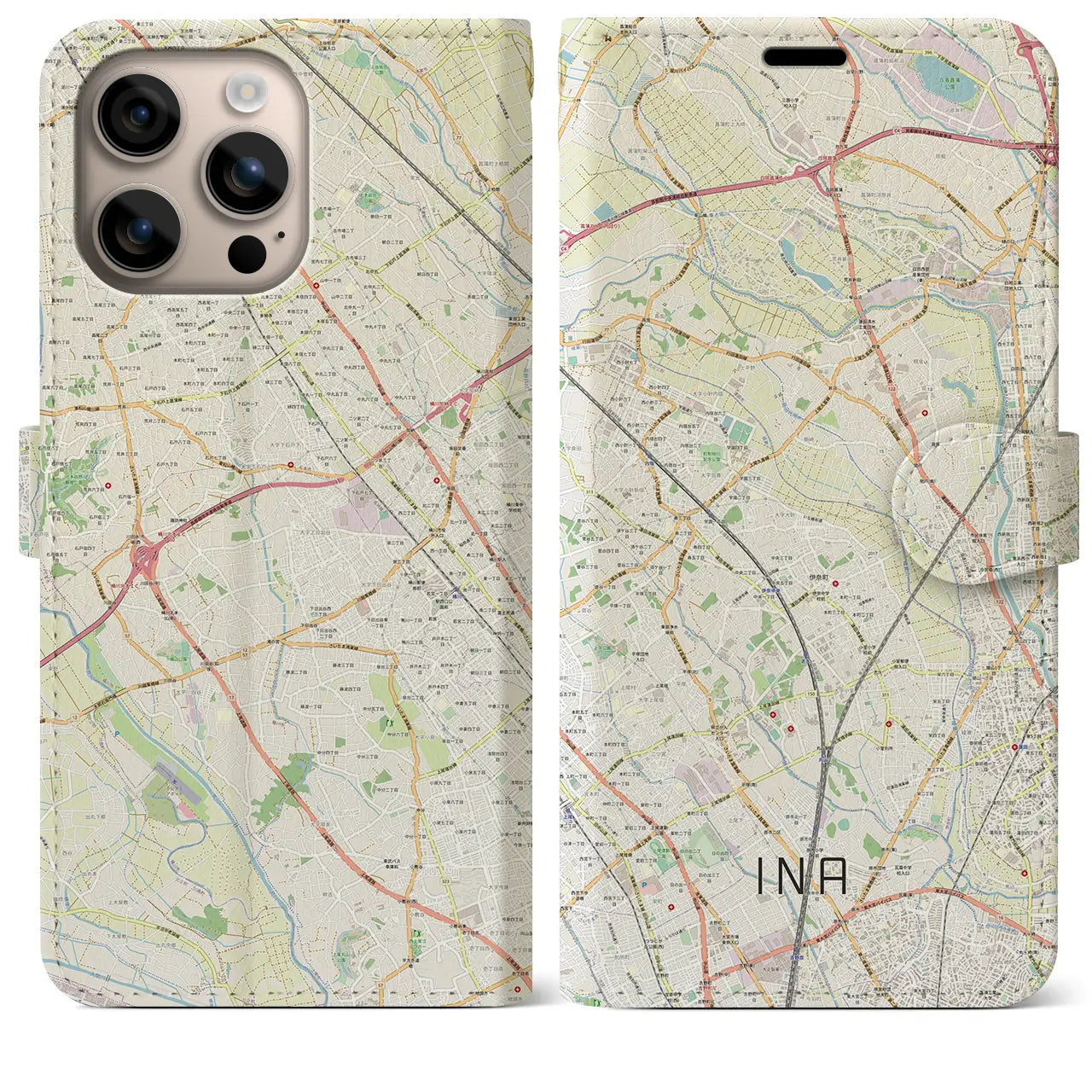【伊奈(埼玉県)】地図柄iPhoneケース(手帳タイプ)ナチュラル・iPhone 16 Plus 用