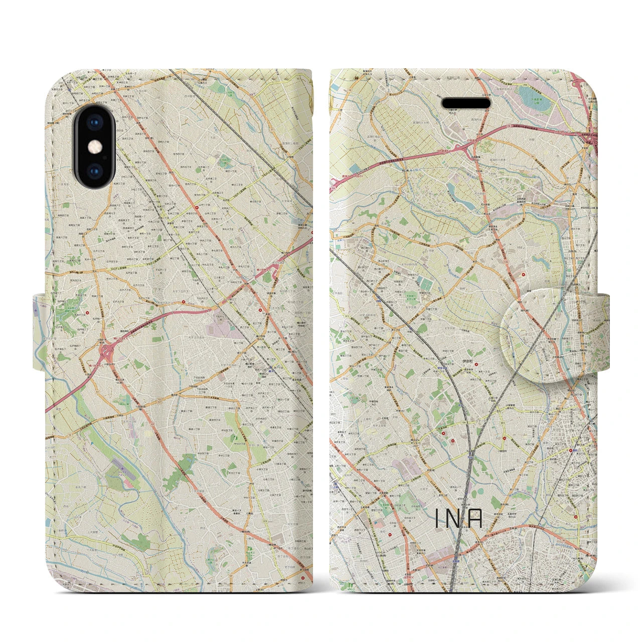【伊奈(埼玉県)】地図柄iPhoneケース(手帳タイプ)ナチュラル・iPhone XS / X 用