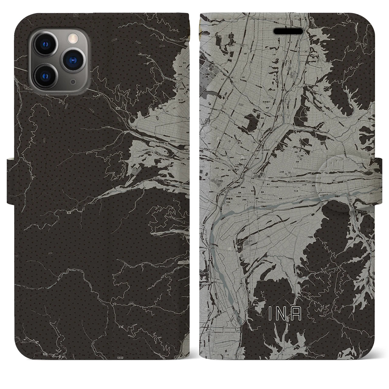 【伊那(長野県)】地図柄iPhoneケース(手帳タイプ)モノトーン・iPhone 11 Pro Max 用