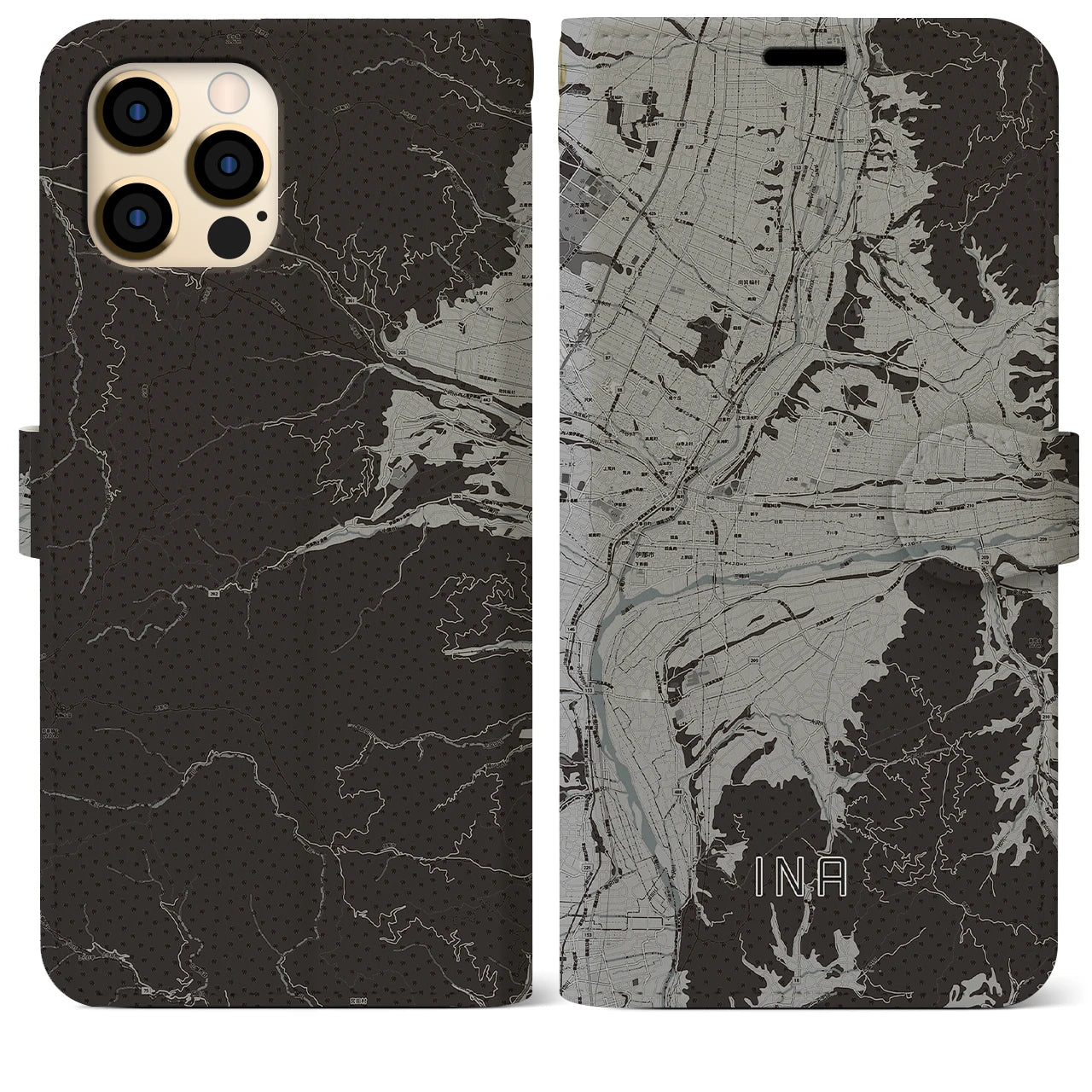 【伊那(長野県)】地図柄iPhoneケース(手帳タイプ)モノトーン・iPhone 12 Pro Max 用