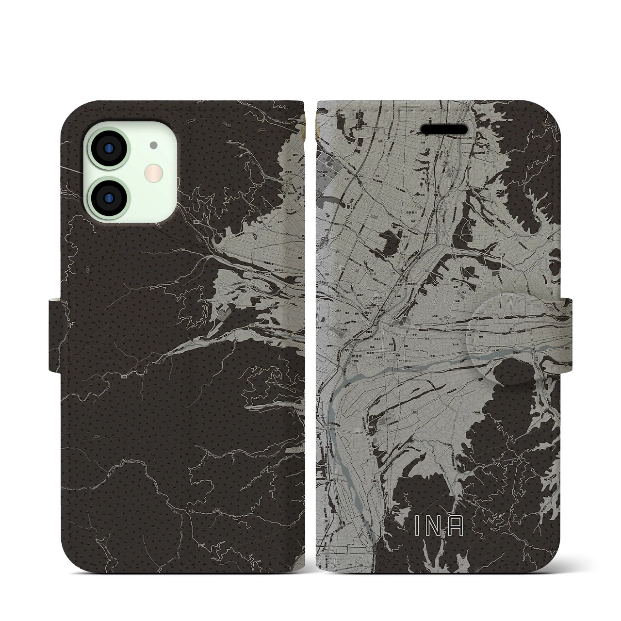 【伊那(長野県)】地図柄iPhoneケース(手帳タイプ)モノトーン・iPhone 12 mini 用