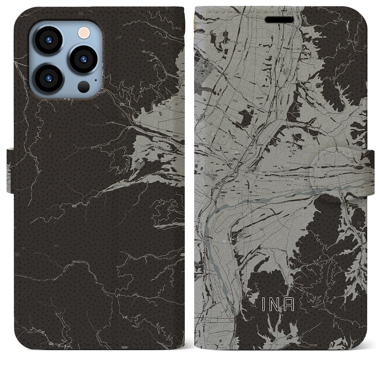 【伊那(長野県)】地図柄iPhoneケース(手帳タイプ)モノトーン・iPhone 13 Pro Max 用