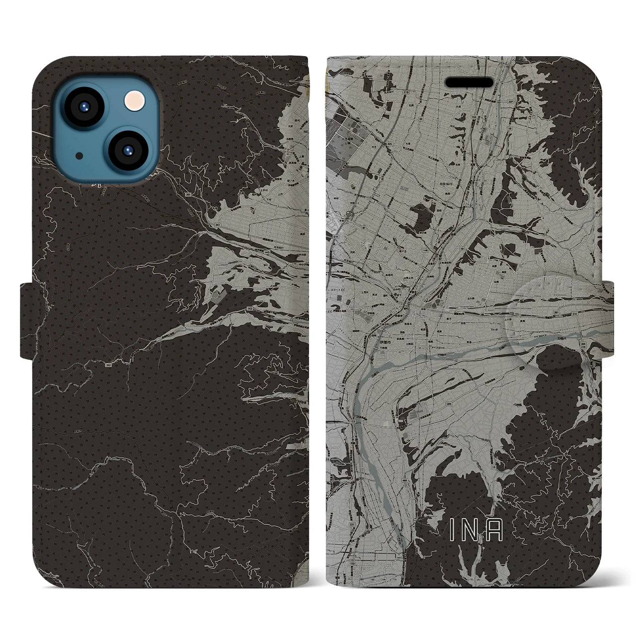 【伊那(長野県)】地図柄iPhoneケース(手帳タイプ)モノトーン・iPhone 13 用