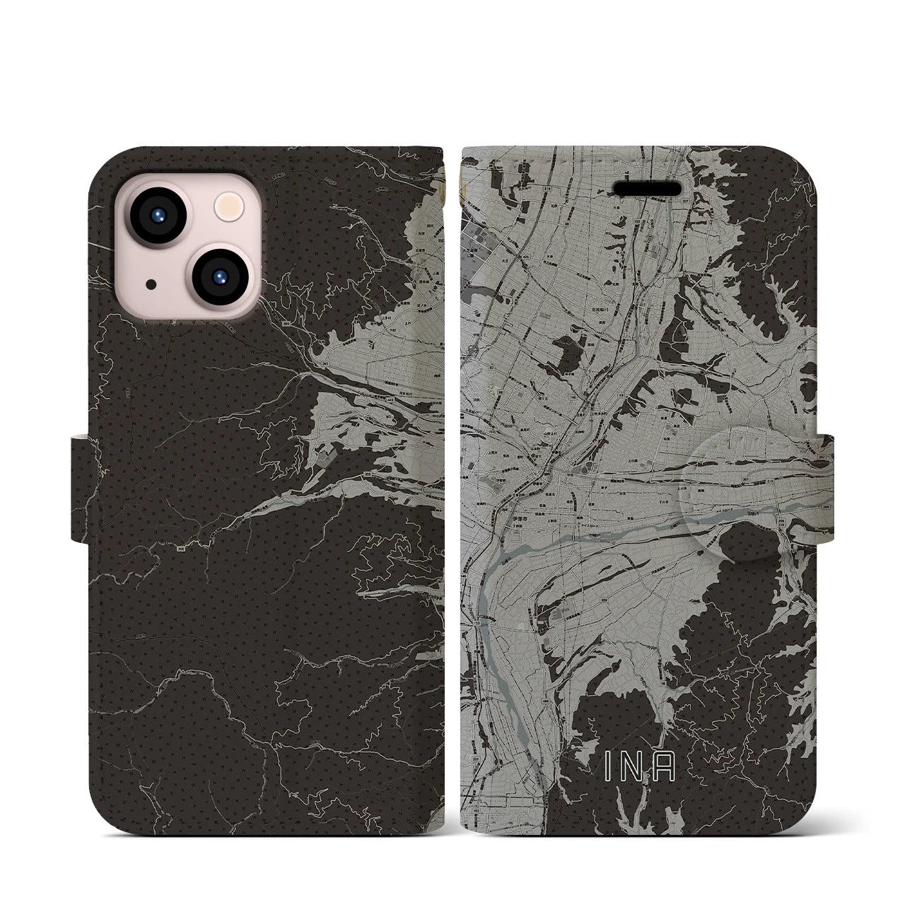【伊那(長野県)】地図柄iPhoneケース(手帳タイプ)モノトーン・iPhone 13 mini 用