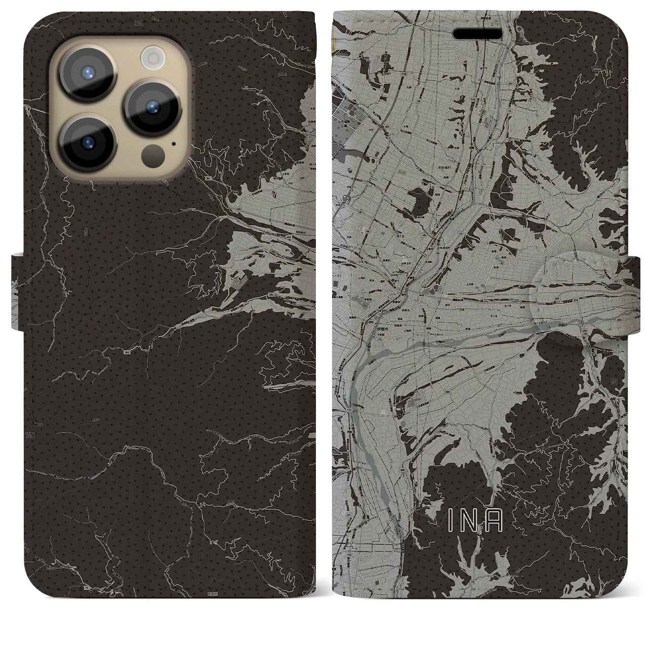 【伊那(長野県)】地図柄iPhoneケース(手帳タイプ)モノトーン・iPhone 14 Pro Max 用