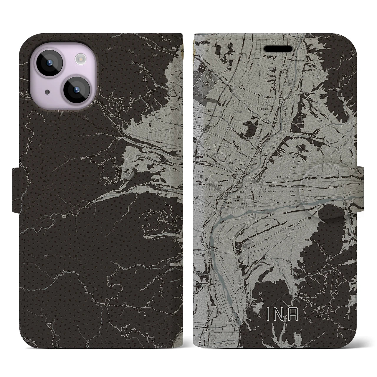 【伊那(長野県)】地図柄iPhoneケース(手帳タイプ)モノトーン・iPhone 14 用