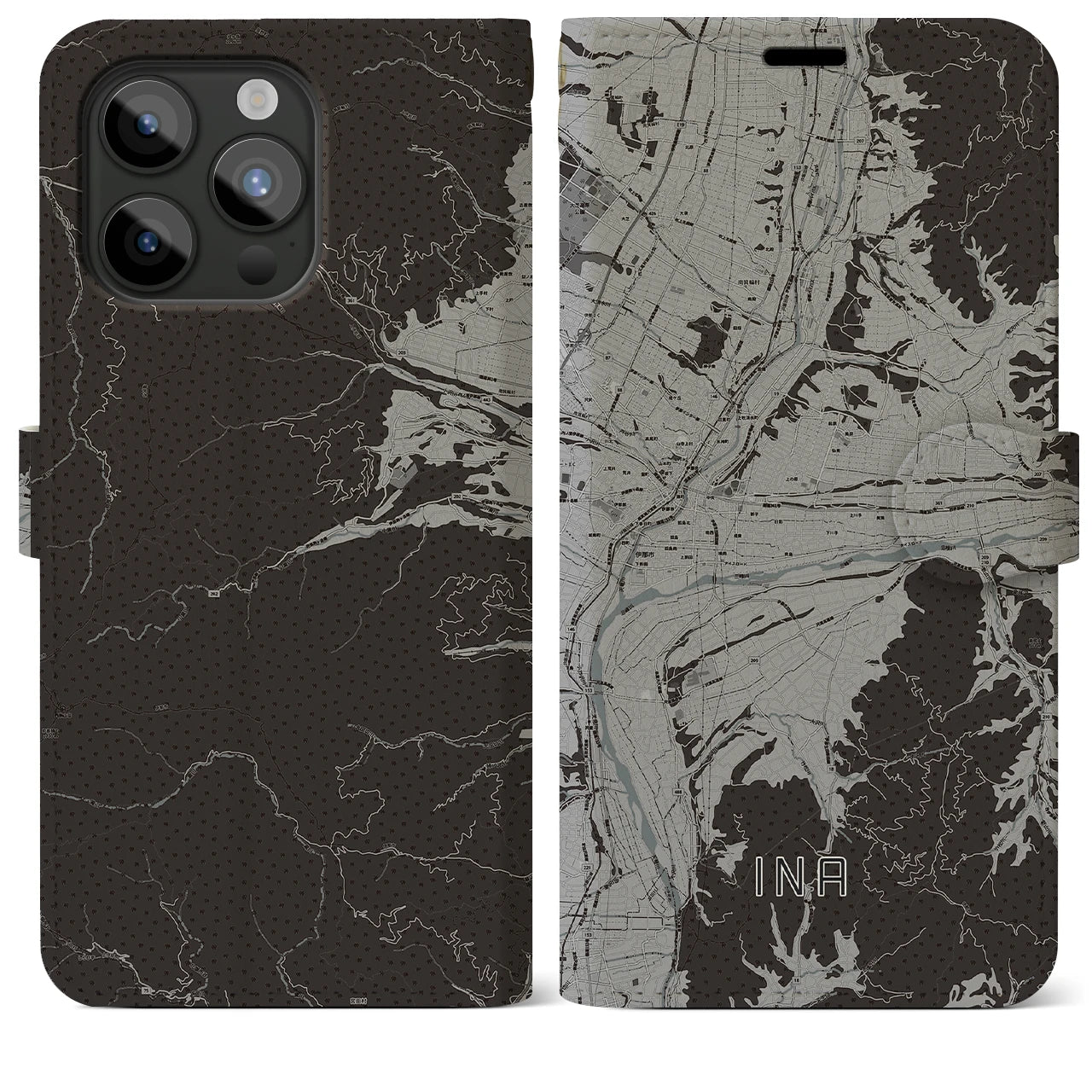 【伊那(長野県)】地図柄iPhoneケース(手帳タイプ)モノトーン・iPhone 15 Pro Max 用