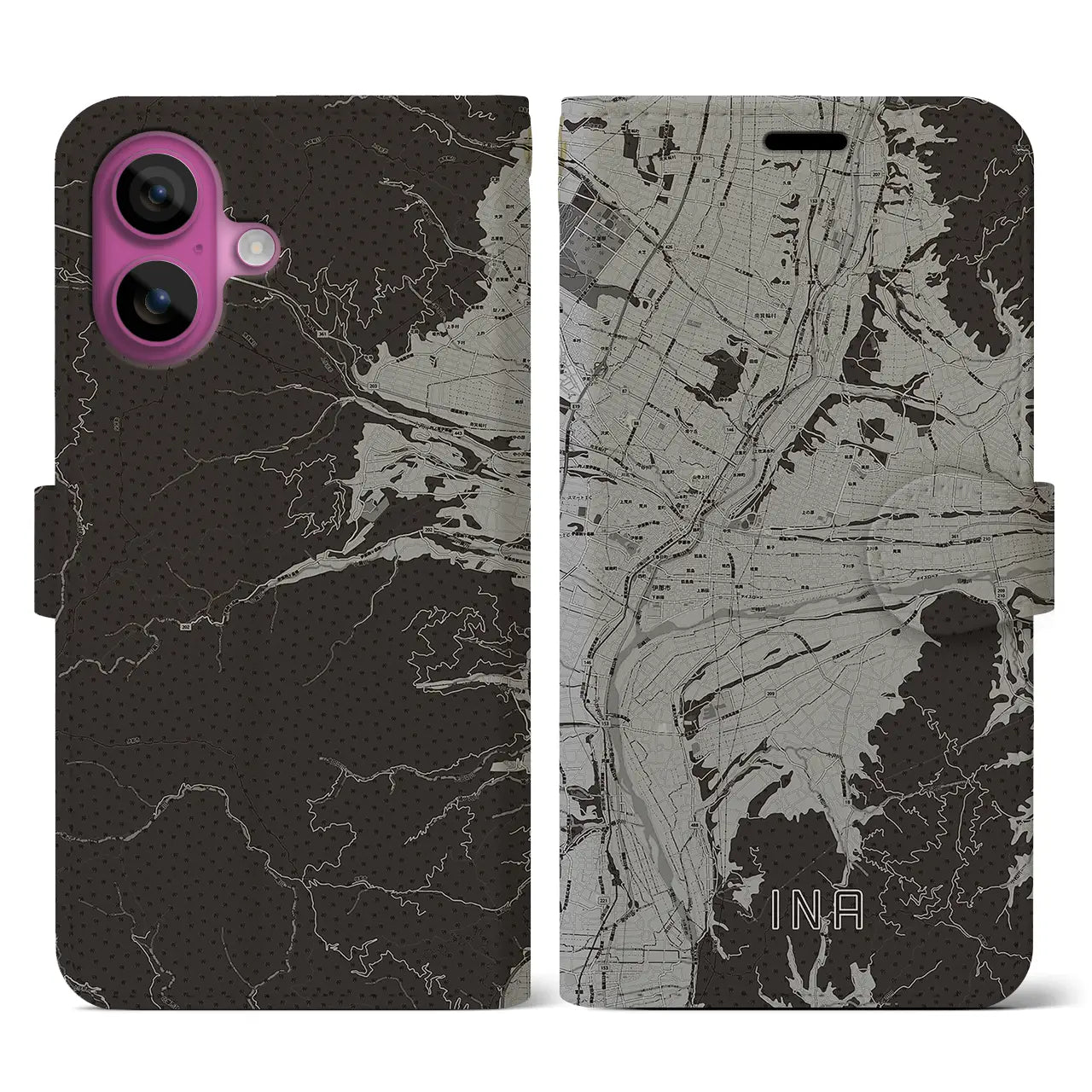【伊那(長野県)】地図柄iPhoneケース(手帳タイプ)モノトーン・iPhone 16 Pro 用