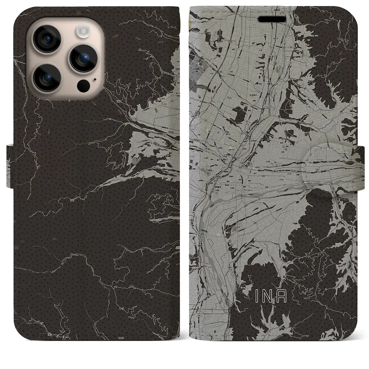 【伊那(長野県)】地図柄iPhoneケース(手帳タイプ)モノトーン・iPhone 16 Plus 用