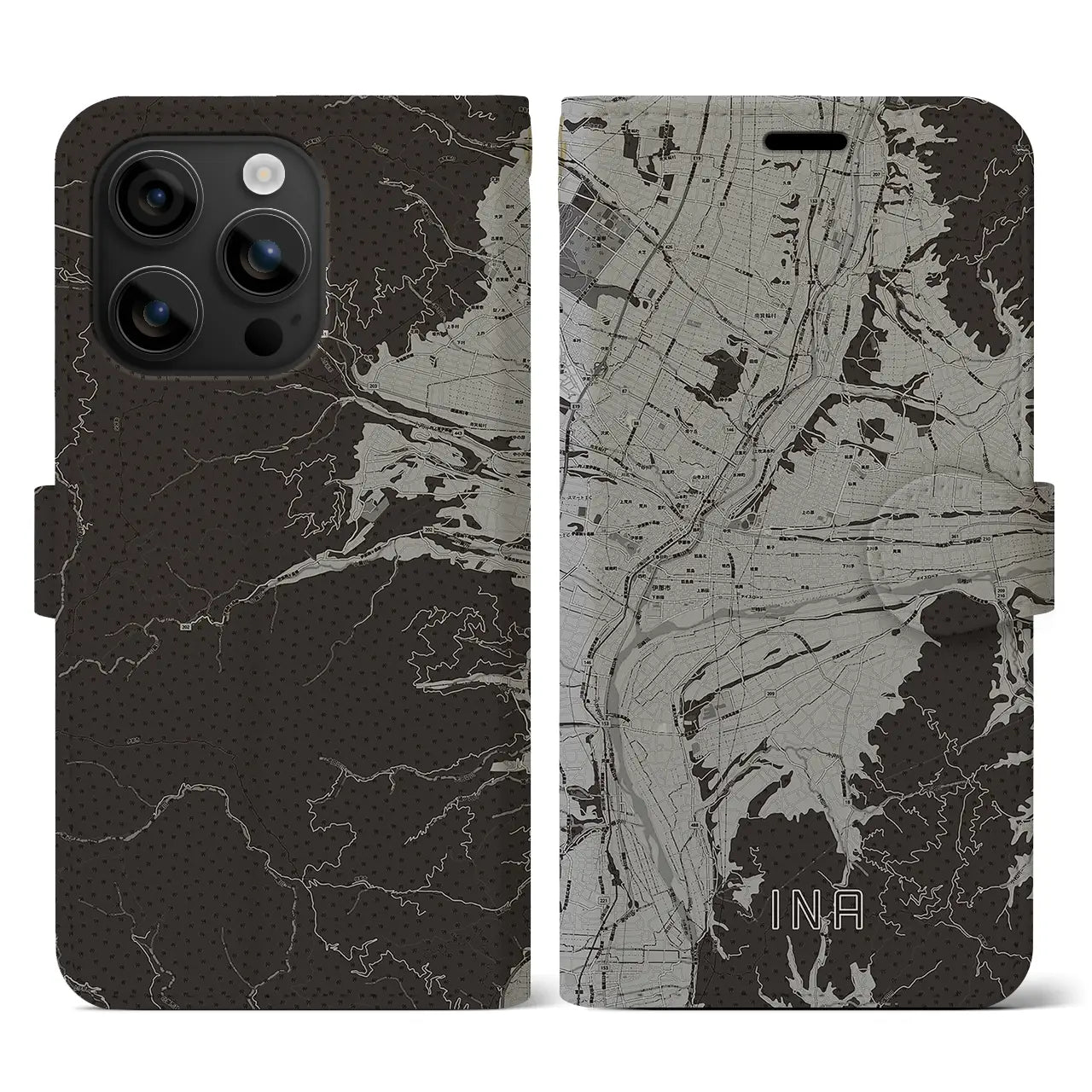 【伊那(長野県)】地図柄iPhoneケース(手帳タイプ)モノトーン・iPhone 16 用