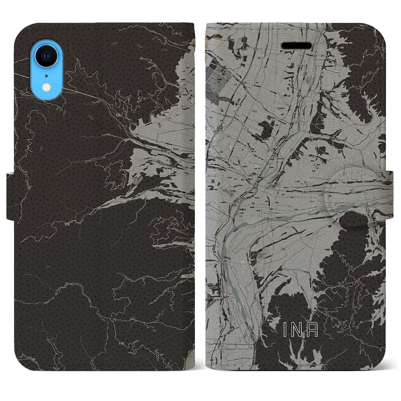 【伊那(長野県)】地図柄iPhoneケース(手帳タイプ)モノトーン・iPhone XR 用