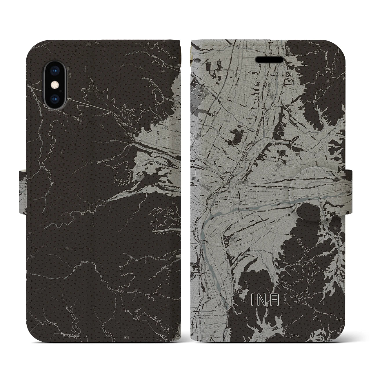 【伊那(長野県)】地図柄iPhoneケース(手帳タイプ)モノトーン・iPhone XS / X 用