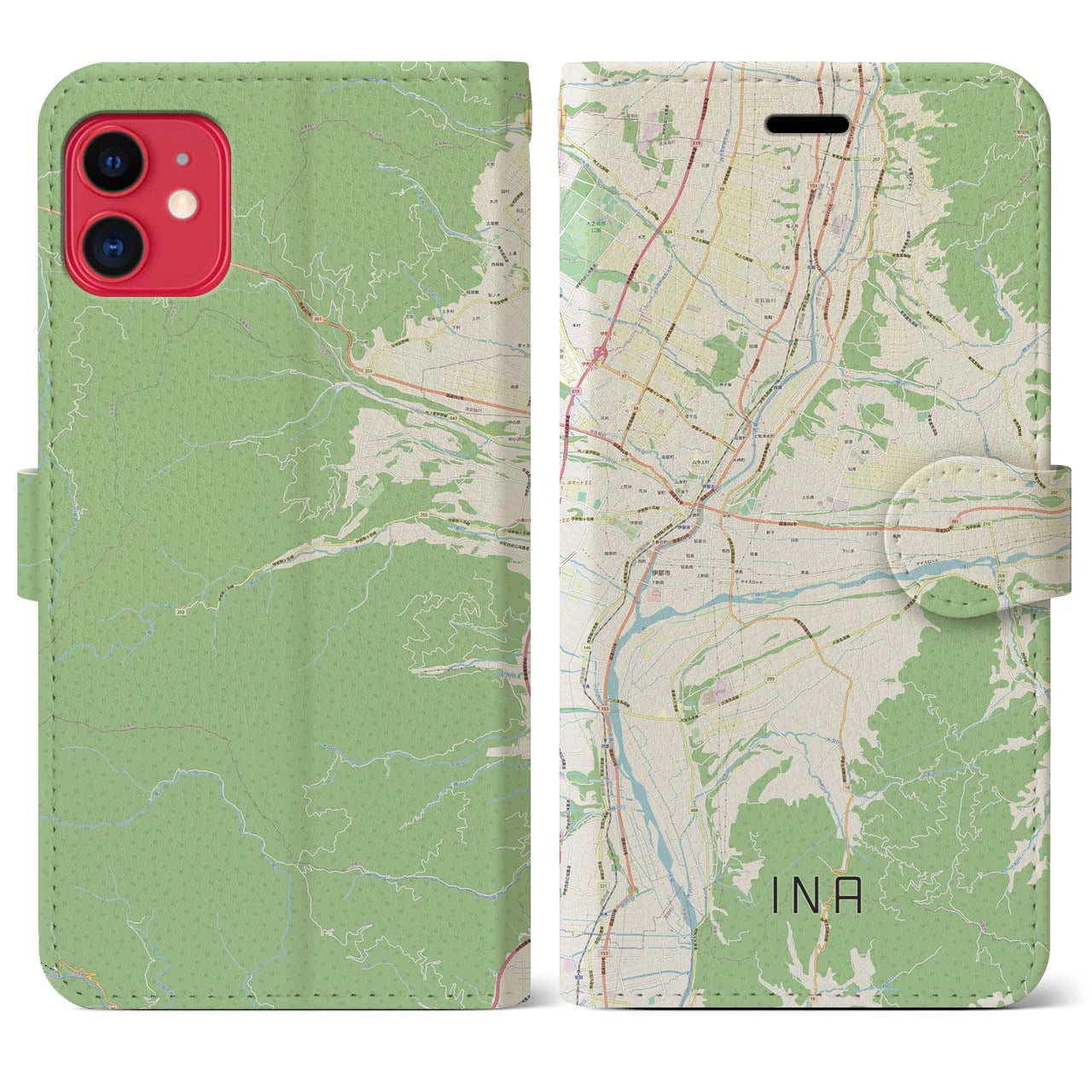 【伊那(長野県)】地図柄iPhoneケース(手帳タイプ)ナチュラル・iPhone 11 用